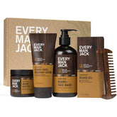 Every Man Jack beard essentials gift set packaging, ideal for gifting and travel grooming.