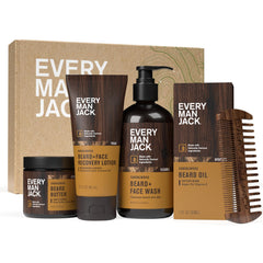 Every Man Jack beard essentials gift set packaging, ideal for gifting and travel grooming.