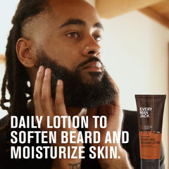 Close-up of Every Man Jack recovery lotion label highlighting natural ingredients and bourbon scent.