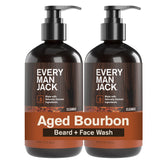 Every Man Jack beard and face wash bottle front with aged bourbon scent for daily cleansing.