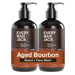 Every Man Jack beard and face wash bottle front with aged bourbon scent for daily cleansing.