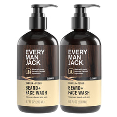 Every Man Jack beard and face wash bottle with vanilla cedar scent for daily cleanse