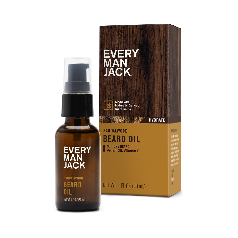 Every Man Jack beard oil sandalwood bottle delivers silky softness and natural shine