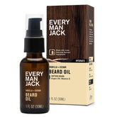 Every Man Jack beard oil vanilla cedar bottle ready for daily use with shine.