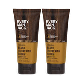 Every Man Jack Beard Thickening Cream bottle with pour demonstrates quick absorption and clean texture