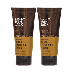Every Man Jack Beard Thickening Cream bottle with pour demonstrates quick absorption and clean texture