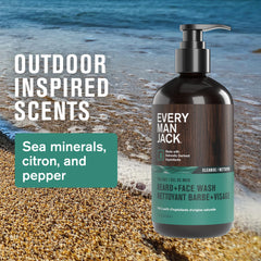 Every Man Jack beard wash label-front highlighting sea salt scent.
