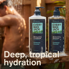 Every Man Jack Caribbean Coconut shampoo label closeup highlights natural ingredients.