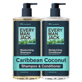 Every Man Jack Caribbean Coconut shampoo bottle pour with tropical scent for fresh hair.