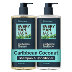Every Man Jack Caribbean Coconut shampoo bottle pour with tropical scent for fresh hair.