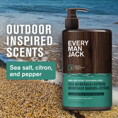 Close-up texture of Every Man Jack lotion showing lightweight, non-greasy feel.