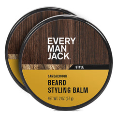 Every Man Jack Sandalwood Beard Balm jar in close-up shows creamy texture for easy application