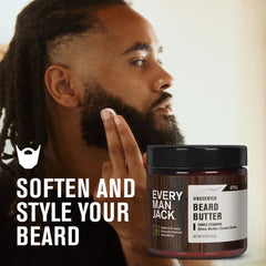 Every Man Jack unscented beard butter packaging box highlights fragrance-free formula for sensitive skin