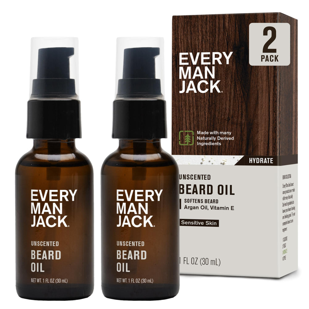 Every Man Jack unscented beard oil bottle offers fragrance-free grooming for sensitive skin.