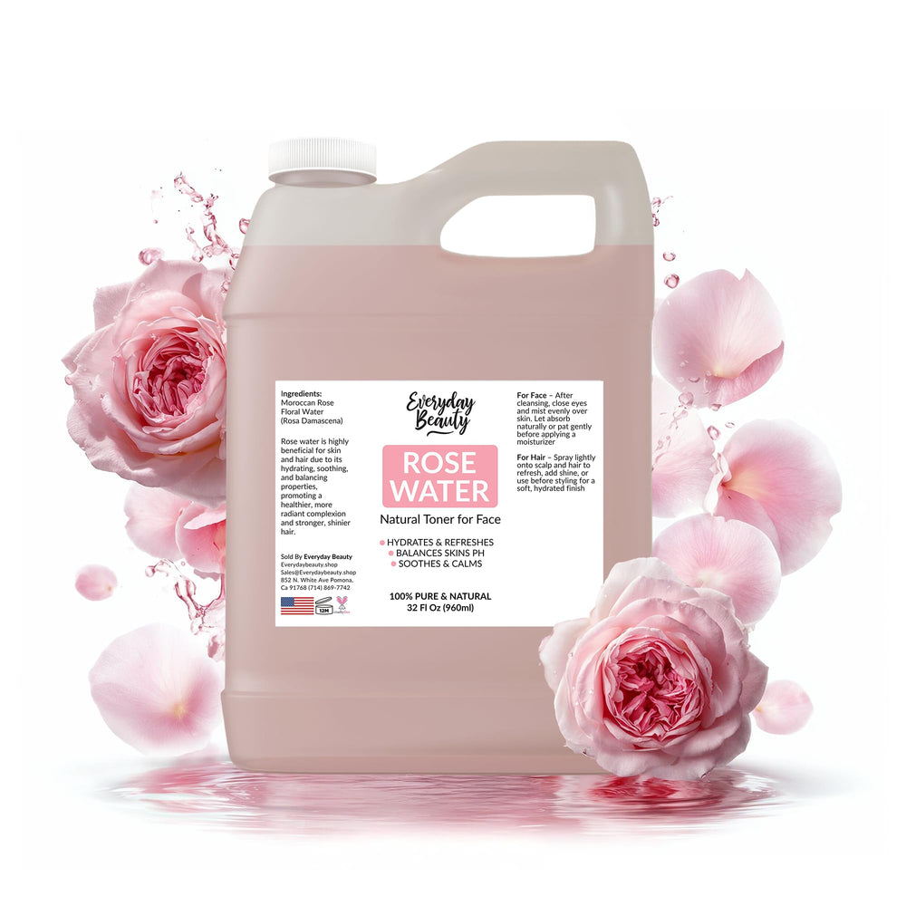 Everyday Beauty Rose Water Toner bottle front showing gentle hydration for all skin types.