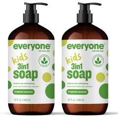 Everyone 3in1 Tropical Coconut kid soap bottle close-up for gentle daily cleansing