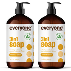 Everyone 3-in-1 Soap bottle showcases coconut-lemon scent for daily multi-use cleansing.