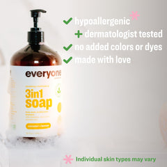 Everyone 3-in-1 Soap pour shot reveals creamy lather for hair and body.