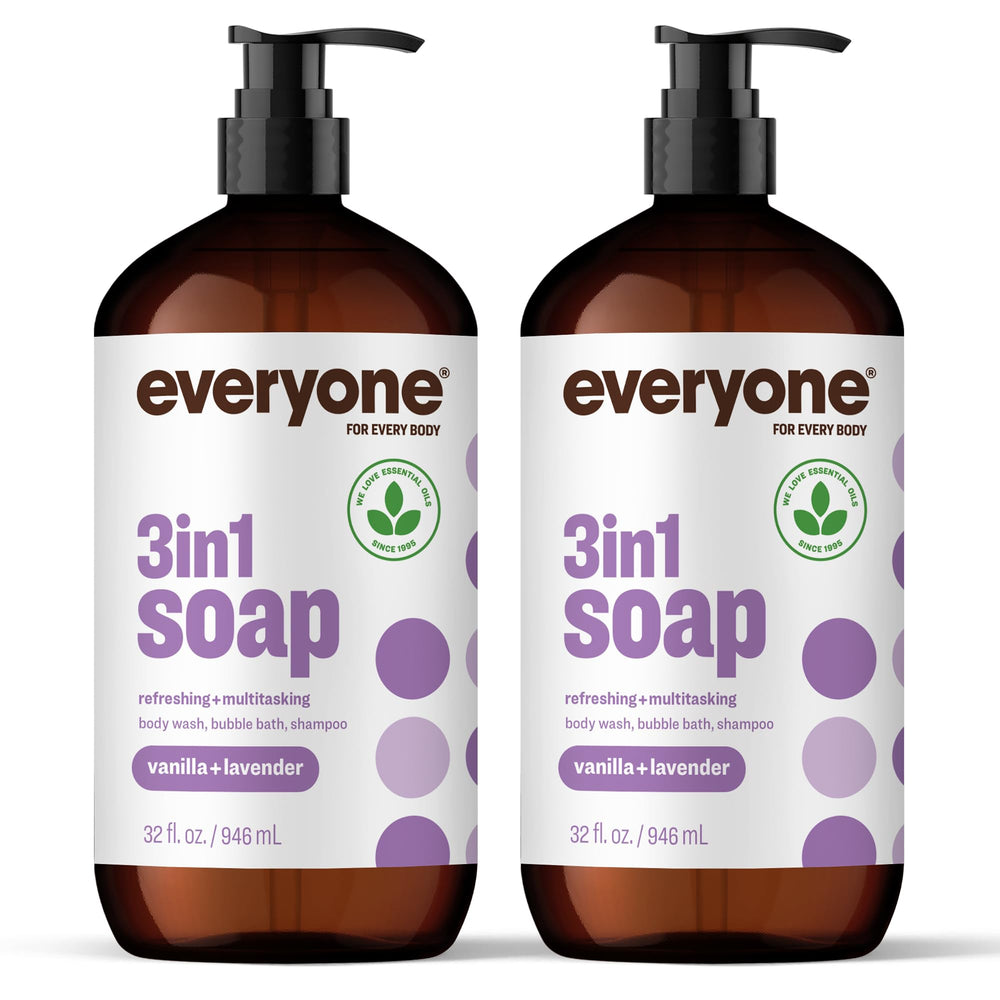 Everyone 3in1 vanilla lavender bottle pour demonstrates quick, all-in-one cleansing for hair and body.