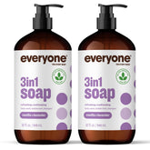 Everyone 3in1 vanilla lavender bottle pour demonstrates quick, all-in-one cleansing for hair and body.