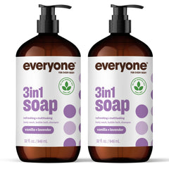 Everyone 3in1 vanilla lavender bottle pour demonstrates quick, all-in-one cleansing for hair and body.