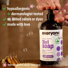 Everyone 3in1 vanilla lavender hair and body wash cleanses gently for daily use.