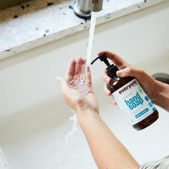 Everyone Liquid Hand Soap Pacific Eucalyptus label closeup highlights essential oils