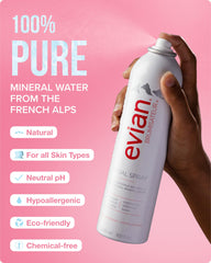 Evian bottle with pressurized, ultra-fine mist for even application