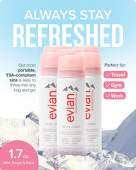 evian-facial-spray-1-7oz-canister-closeup shows an ultra-fine mineral mist for refreshing skin.