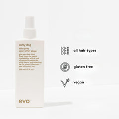 EVO Salty Dog sea salt spray applied to damp hair yields natural waves.