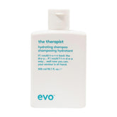 EVO The Therapist hydrates dry hair with a moisturizing shampoo bottle front.