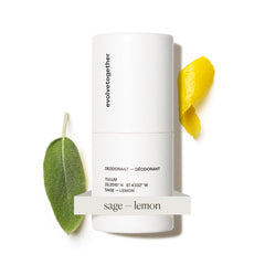 evolvetogether Lemon Sage Patchouli deodorant bottle close-up for all-day odor protection.