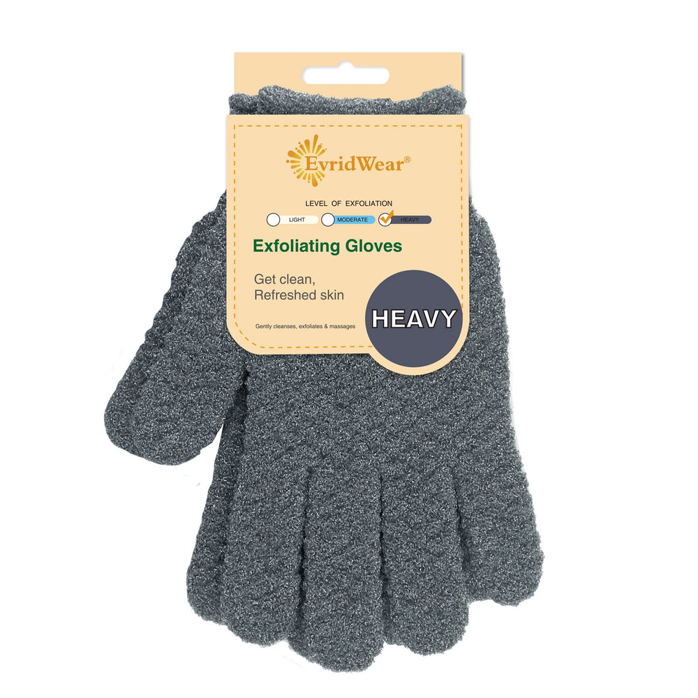 Guantes exfoliantes Evridwear con textura dual para ducha, exfolian suavemente y promueven piel limpia.