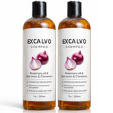 EXCALVO shampoo bottle with red onion, nourishing roots and healthier-looking hair