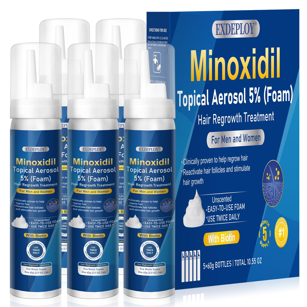 Exdeploy minoxidil foam bottle for targeted scalp treatment and thicker hair.