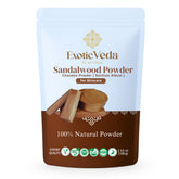 Exotic Veda sandalwood powder jar closeup showing pure, aroma-rich powder for gentle skincare.