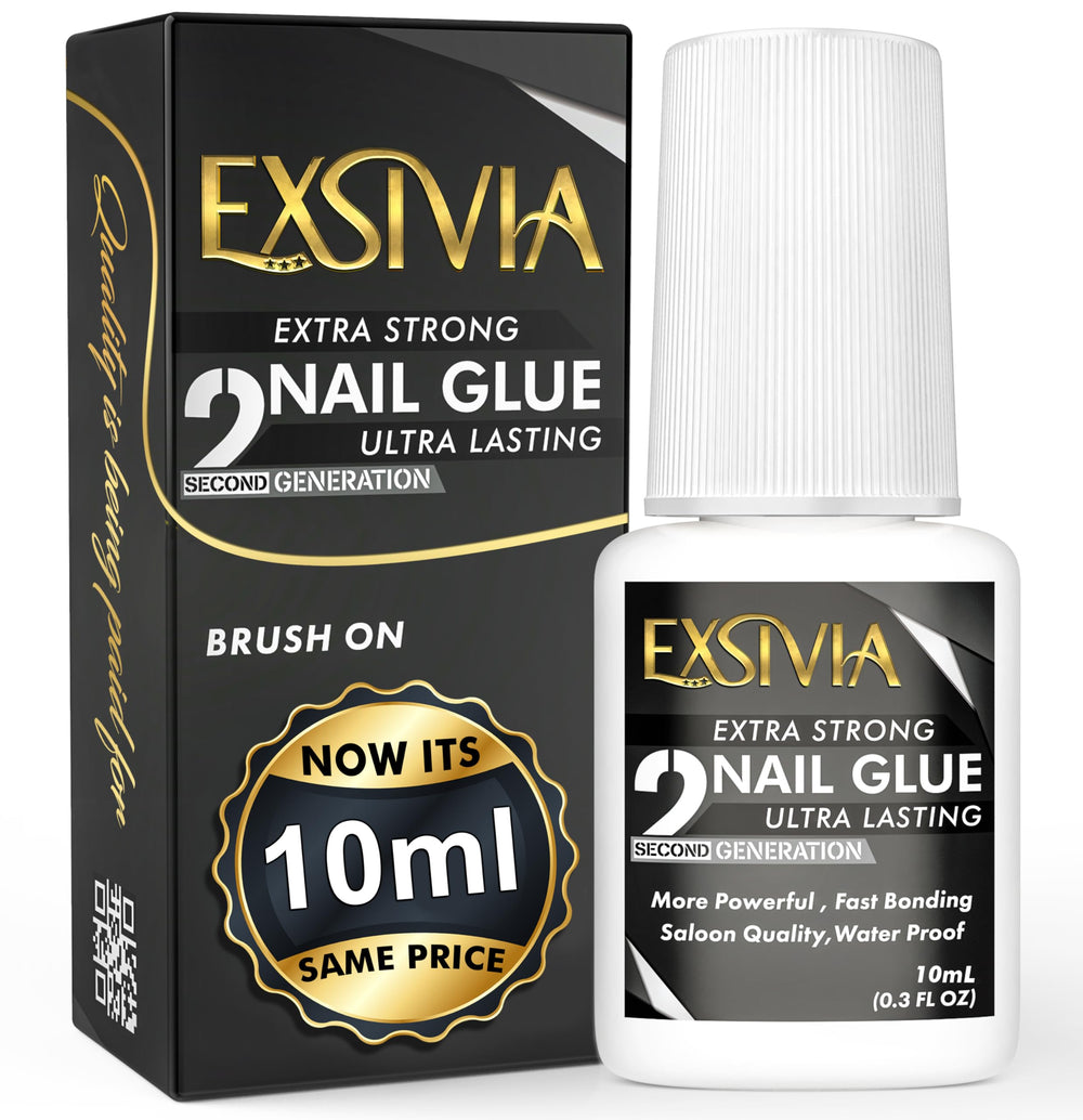 EXSIVIA nail glue bottle and brush delivering precise, mess-free application