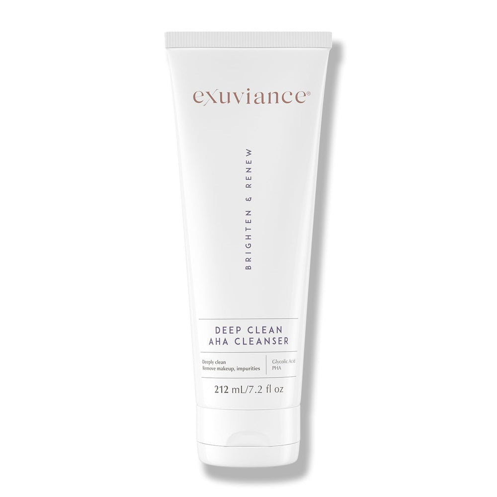 EXUVIANCE deep-clean foaming cleanser bottle shows a soap-free formula for makeup removal and refreshing skin.