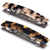 Eyegla tortoise shell rectangle barrette close-up showing sturdy, lightweight celluloid detail