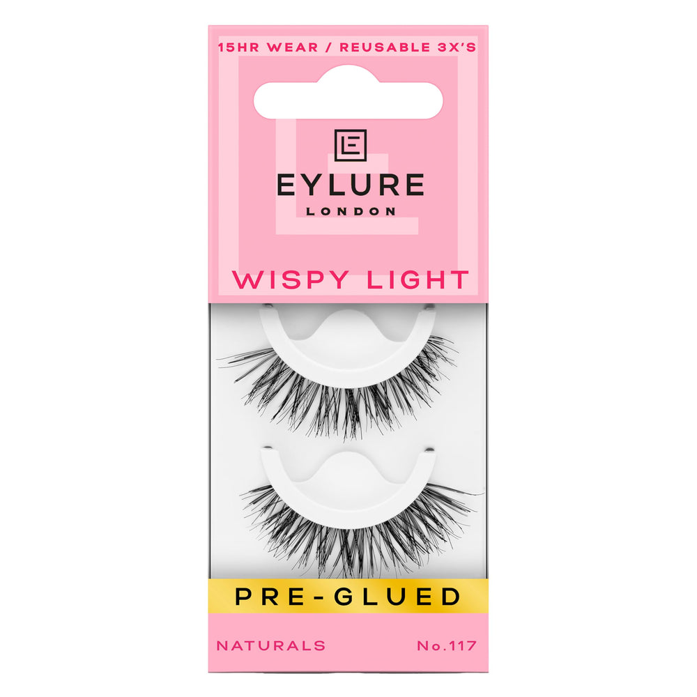 Eylure Pre-Glued Wispy No. 117 front view for elongated lash look.
