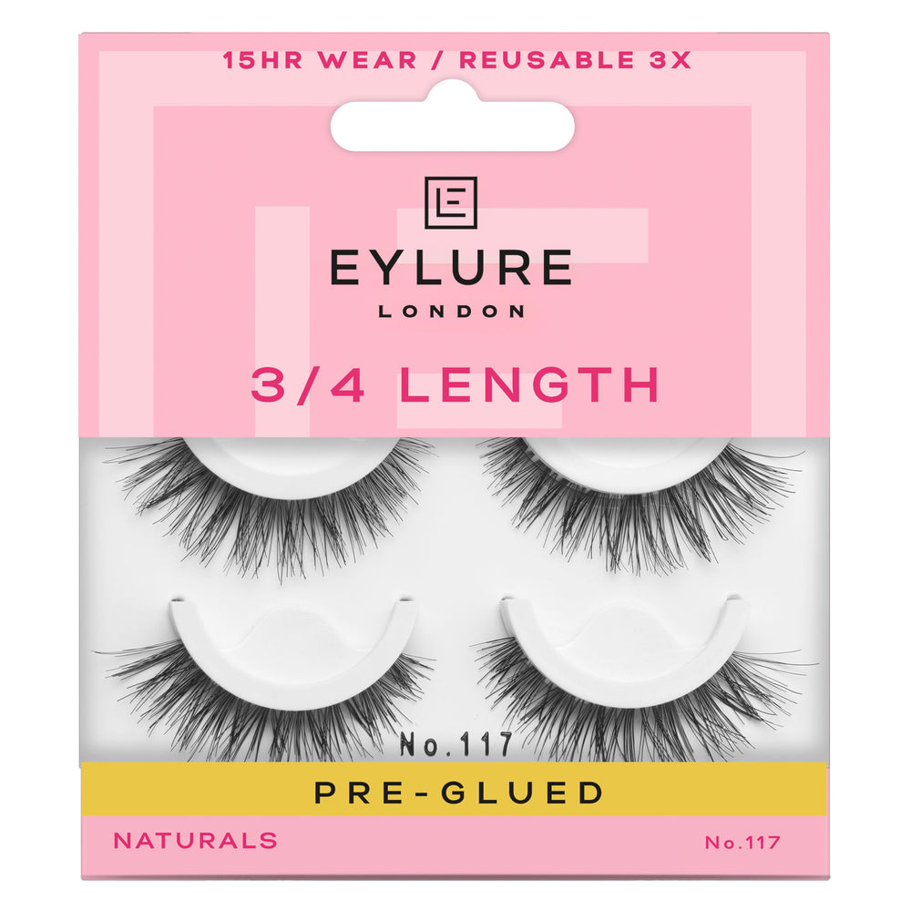 Eylure No.117 pre-glued wispy lashes on lash line for a quick dramatic look.