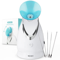 EZBASICS facial steamer emits ionic steam for deep hydration and pore prep.