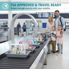 F-color clear toiletry bag side view, slim carry-on friendly profile.