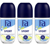 Fa desodorante rodillo deportivo, botella visible, frescura duradera