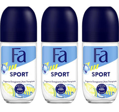 Fa desodorante rodillo deportivo, botella visible, frescura duradera