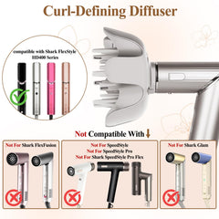 Fabmira diffuser attachment with adjustable prongs adapts to short and long hair.