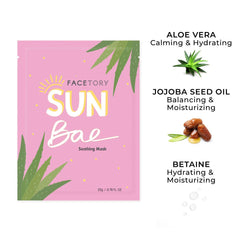 FACETORY Sun Bae sheet mask on the face provides cooling post sun relief.