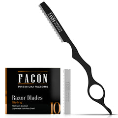 FACON Faether hair razor kit close-up showing premium stainless steel construction for clean cuts.