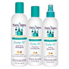 Fairy Tales Curly Q shampoo bottle close-up, hydrates curls and eases detangling.