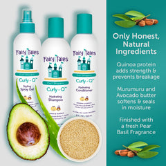 Fairy Tales Curly Q trio display, shampoo, conditioner, and spray gel for kids.